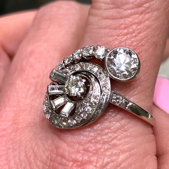 Antique Platinum 3.5 Carat Genuine Diamond Art Deco Ring - Picture 3 of 8